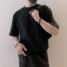 8960/P68控98夏季社会小伙爆闪满天星烫砖工艺短袖T恤男黑首2，男装T恤，星座305B