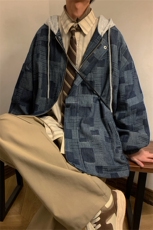 JK6007/P80加棉P90港风牛仔连帽格子夹克男大码外套棉衣男，男装夹克，电商A141