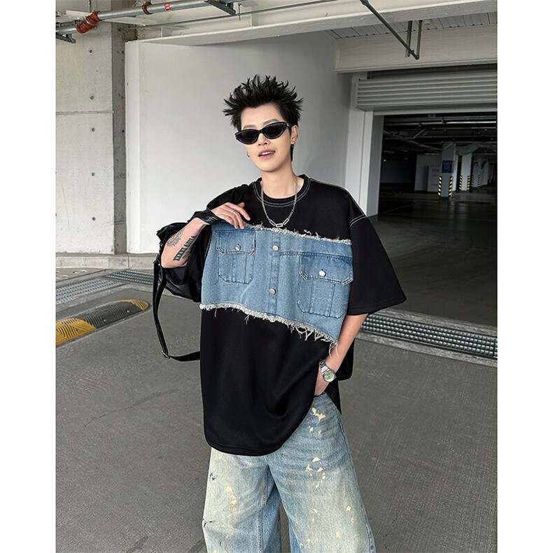 现货！25牛仔拼接水洗男士设计感短袖T恤DX201-P78,男装T恤,电商B288