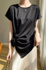 商场同款2025夏季新款缎面短袖T恤女醋酸缎面法式高级感上衣，女装衬衫，素语电商供货