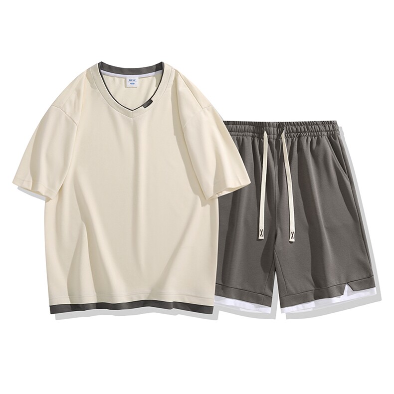 夏季运动套装日系白底休闲百搭时尚短套装CK2410+TC3138-P59控89,男装休闲套装,星座717