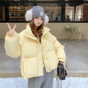 奶黄色短款羽绒服女2025新款冬季白鸭绒小个子立领休闲面包服保暖图片