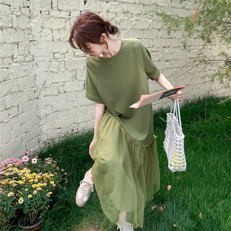挂脖式纯色短袖圆领拼接连衣裙无袖T恤裙X型裙夏季气质长裙大码图片