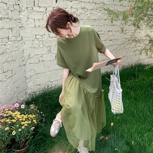 挂脖式纯色短袖圆领拼接连衣裙无袖T恤裙X型裙夏季气质长裙大码图片