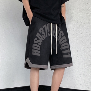 麂皮绒休闲短裤男撞色字母印花抽绳五分裤子B239-1505-P43 控价59图片