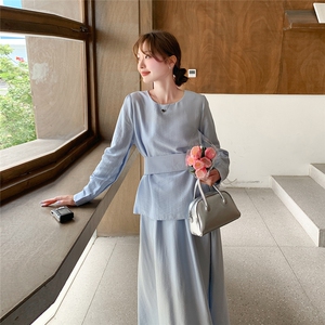 法式小香风千金感时尚套装女2025春季新款绑带衬衫半身长裙两件套图片