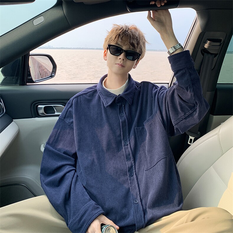 8XL-M灯芯绒衬衫特大码复古秋冬翻领长袖上衣纯色外套CS9001/P58,男装衬衫,电商B238