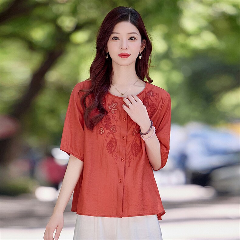 现货！夏季新款2025套装女简约时尚优雅气质减龄天丝麻料刺绣上衣,女装衬衫,魅影