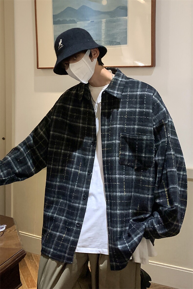 秋冬厚款格子衬衫男装外套港风潮牌衬衣外套上衣DX131P55,男装衬衫,电商B413-1