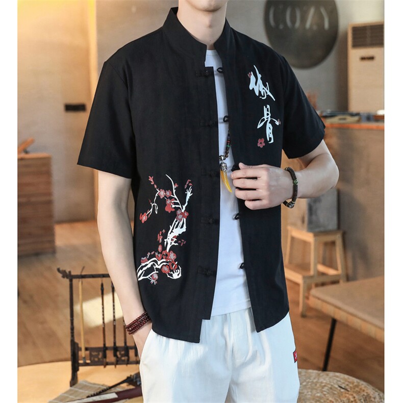 新中式盘扣短袖衬衫男五分袖唐装印花棉麻中山装A056-C141P33,男装T恤,电商A056