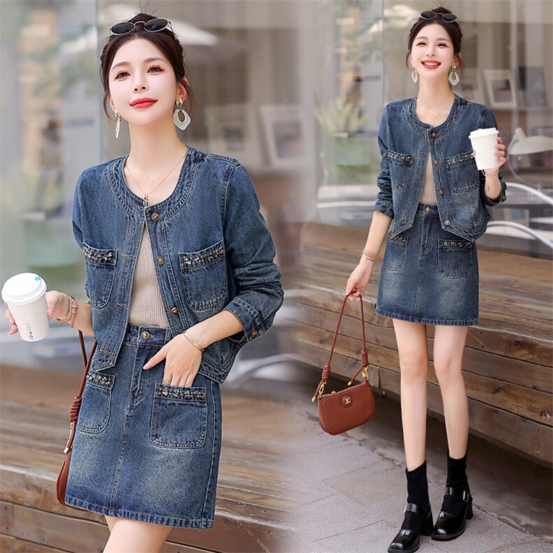 【春季现货】时尚牛仔套装女2025春外套半身裙复古时尚显瘦两件L，女装套装/套裙，意芙