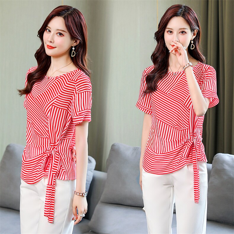 2021夏季新款简约时尚气质圆领条纹系带收腰小衫，女装衬衫，超帛