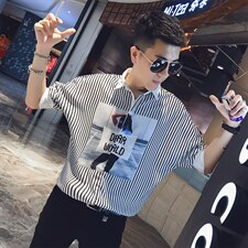 2026夏季小伙竖条纹蝙蝠袖宽松套头五分袖衬衣男C054/P58控78，男装T恤，电商A243