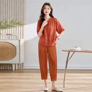 夏季两件套女时尚套装八分裤盘扣刺绣图片