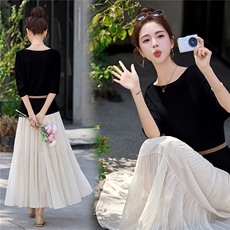 法式一字领高级感上衣+不规则裙摆半身裙两件套送腰带，女装套装/套裙，采品优优