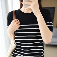 时尚简约百搭舒适纯棉黑白间色条纹短袖，女装T恤，玛莎羊绒