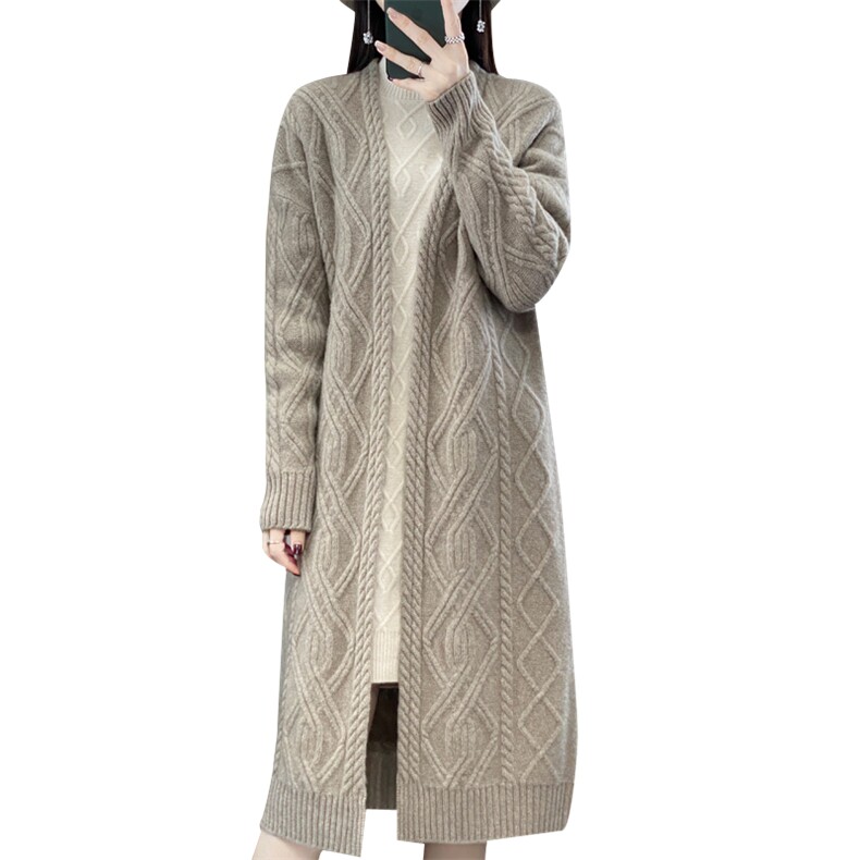 100%纯羊毛中长款开衫女V领绞花长袖针织毛衣宽松慵懒羊绒衫外套,女装羊毛衫,忠诺羊绒