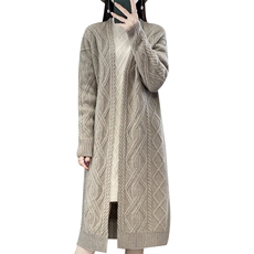 100%纯羊毛中长款开衫女V领绞花长袖针织毛衣宽松慵懒羊绒衫外套，女装羊毛衫，忠诺羊绒