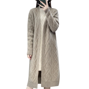 100%纯羊毛中长款开衫女V领绞花长袖针织毛衣宽松慵懒羊绒衫外套图片