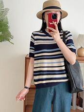 时尚撞色条纹简约百搭舒适夏季圆领短袖，女装T恤，佑昭祥羊绒