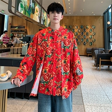 C88东北大花假两件长袖衬衫盘扣新中式汉服表演出团队男女大码潮，男装衬衫，星座115A(原星座507）