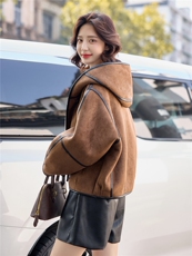 时尚休闲连帽麂皮绒皮毛一体外套女2025秋冬新款加绒加厚保暖棉衣，女装短外套，美沁