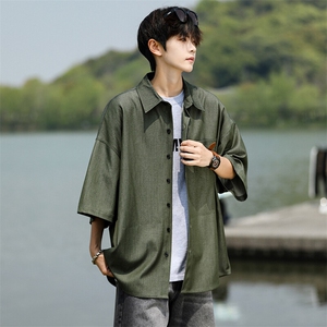 8XL-M冰丝牛仔短袖衬衫男款夏季薄款宽松慵懒衬衣外套DC28006P60,小圆领白T恤短袖搭配图图片