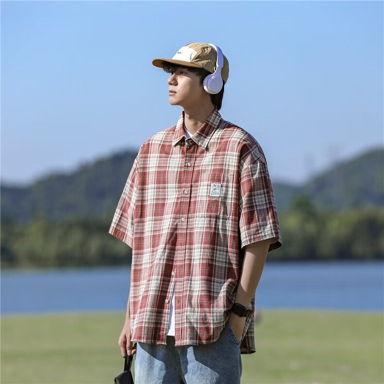 格子短袖衬衫男夏季新款学院风宽松设计感百搭半袖上衣LC2022-p43,男装T恤,星座1008