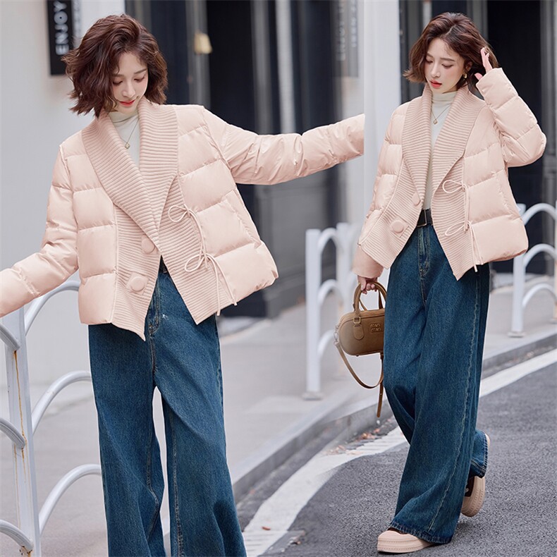 现货设计感针织毛线领拼接羽绒服女短款2024冬季新款加厚保暖外套,女装羽绒服,仟媚宠
