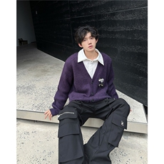 紫色百搭V领针织开衫男女冬新款胸针宽松慵懒风毛衣外套MZ701-P61，男装针织衫/毛衣，星座412-3