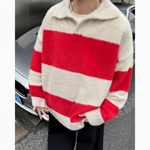 秋冬复古慵懒风仿貂毛毛衣男撞色条纹情侣潮牌宽松翻领针织衫7172