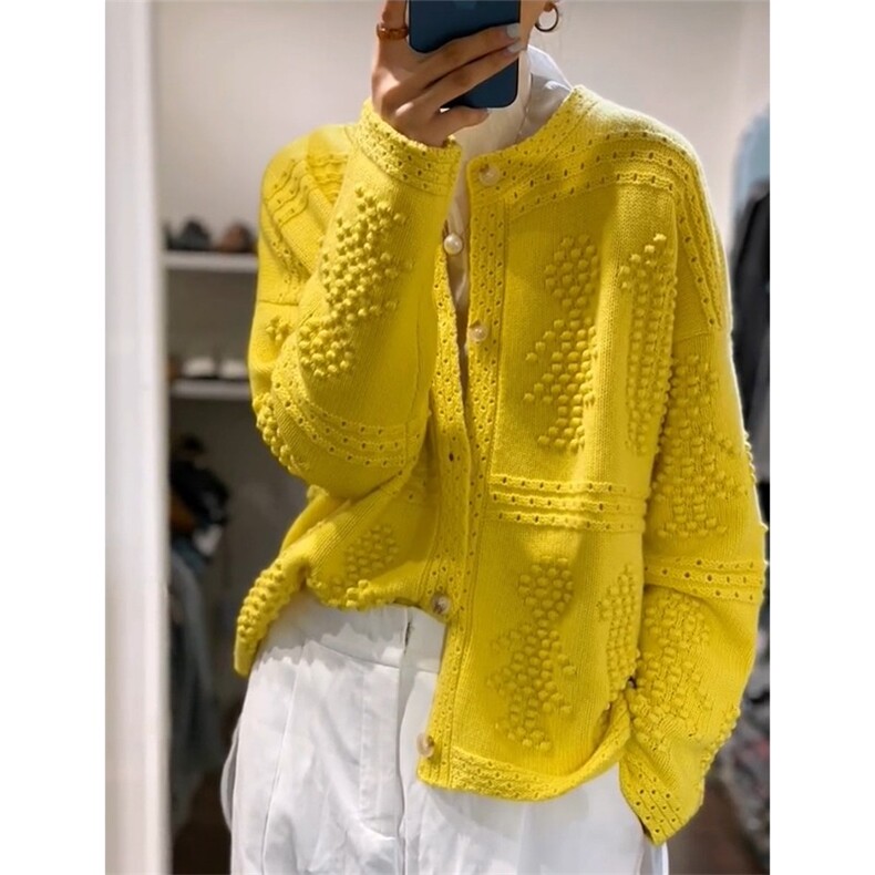 2025年秋季新款百搭女士黄色重工三股羊毛开衫，女装羊毛衫，宛庄羊绒