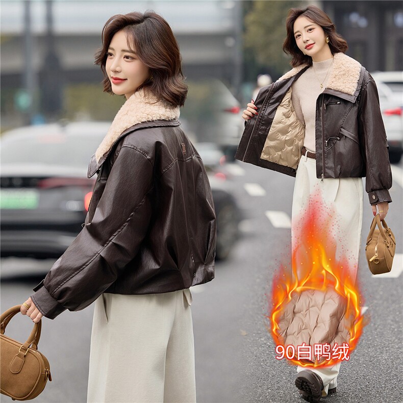 时尚羊羔毛翻领PU皮羽绒服女2025冬季新款加厚保暖白鸭绒皮衣外套,女装短外套,E百度