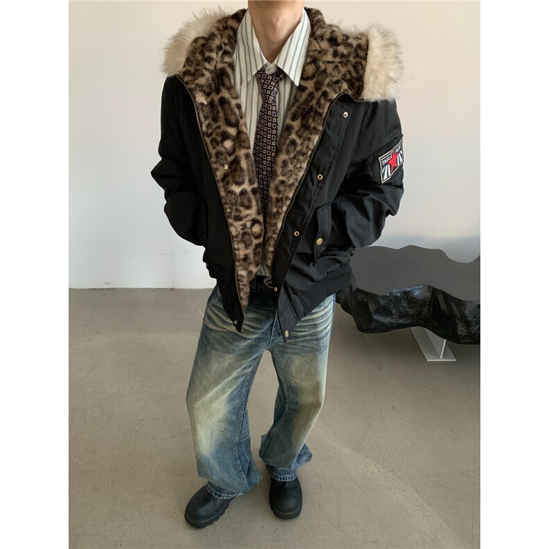 豹纹连帽座山雕毛领棉服男女冬季宽松美式情侣外套MF5036-P105图片