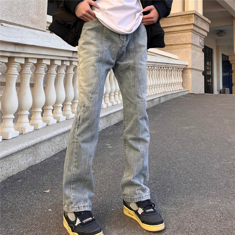 美式高街设计感做旧拼接牛仔裤男潮牌复古宽松显瘦百搭微喇叭长裤图片