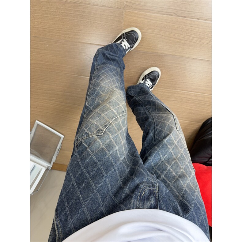 B221美式ins高街小众格子提花直筒牛仔裤LK24382-特P52控88，男装牛仔裤，电商B221