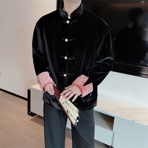 抖音新中式丝绒唐装外套男金属盘扣立领西装时尚夹克0077P140图片