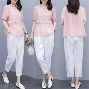 棉麻套装女装2025年夏季新款大码显瘦洋气时尚休闲亚麻两件套裤潮图片