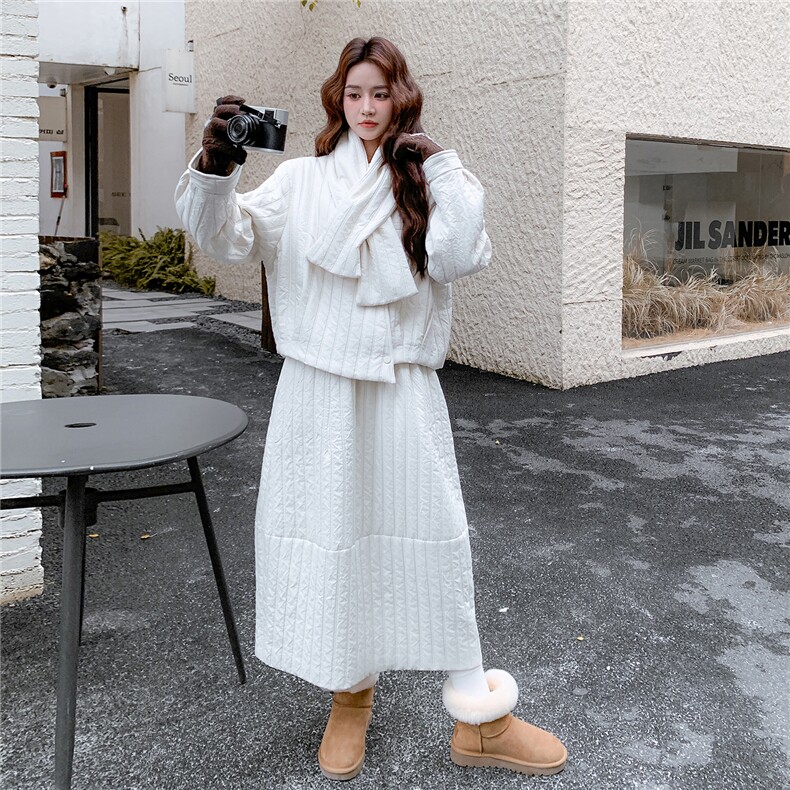2025-Q123P315主推机理感90白鸭绒围脖羽绒服上衣+半身裙三件套,女装套装/套裙,2C085