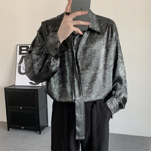 小众高级感明星同款宽松贵气闪银衬衫男大码秋季休闲领带搭配衬衣图片