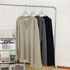 主推V领磨毛华夫格秋冬打底衫圆领卫衣男慵懒风长袖TP30，男装T恤，电商C306-1