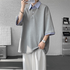8XL-M假两件衬衫领短袖T恤大码夏季条纹拼接polo衫半袖DX1211/P45，男装T恤，电商B238