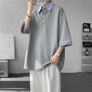 8XL-M假两件衬衫领短袖T恤大码夏季条纹拼接polo衫半袖DX1211/P45图片