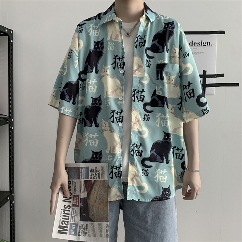 衬衣宽松半袖帅气休闲港风百搭潮牌猫印花ins衬衫短袖W651-P28,男装衬衫,星座512-2