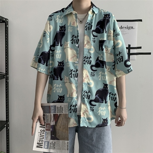 衬衣宽松半袖帅气休闲港风百搭潮牌猫印花ins衬衫短袖 W651-P28图片