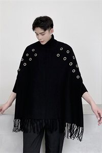 新款高领针织衫男圆环装饰流苏斗篷毛衣A452--MY25图片