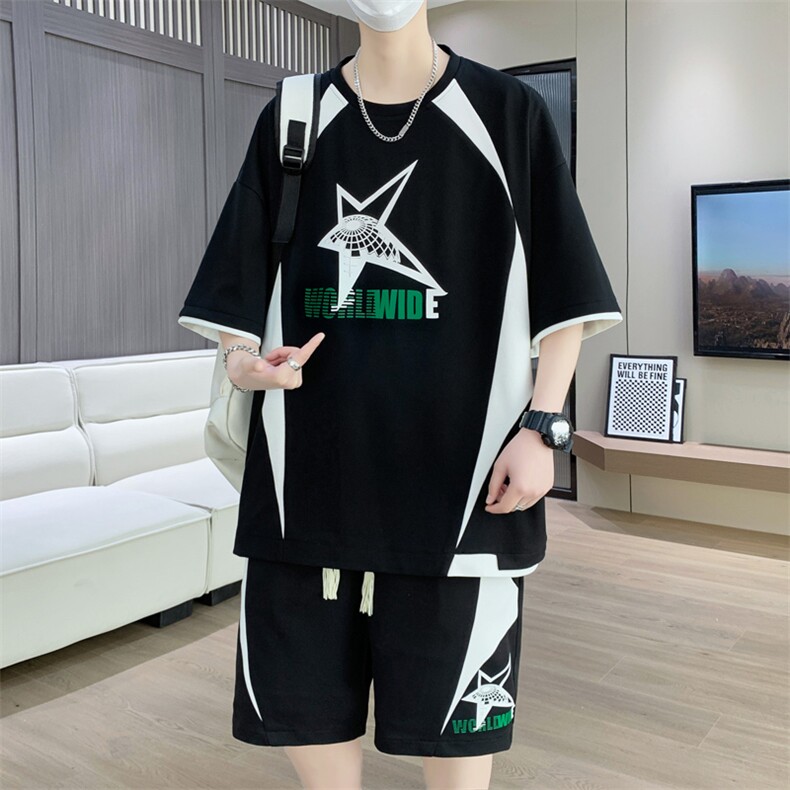 休闲运动套装夏季宽松阔版青少年学生短袖短裤一套A436-T68-P50,男装休闲套装,电商A436