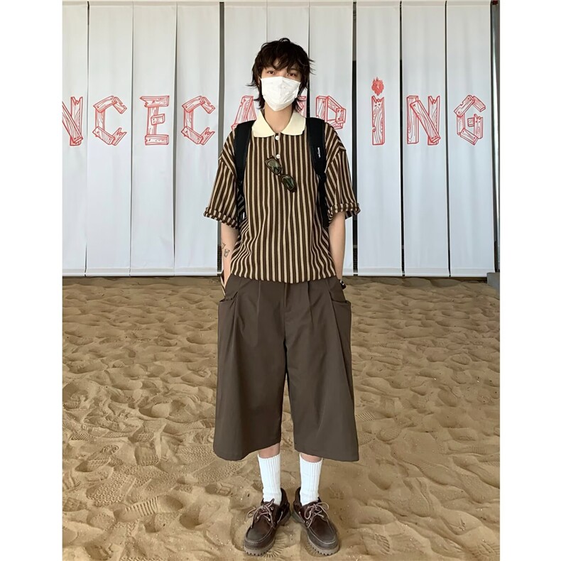 日系复古白色七分裤潮牌街头夏季宽松马裤男女休闲设计感工装短裤,男装牛仔裤,星座506A