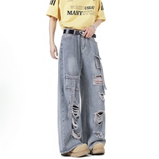 破洞工装牛仔裤男女春秋夏设计感水洗多口袋阔腿拖地裤NK062-P63，男装牛仔裤，星座308B-1