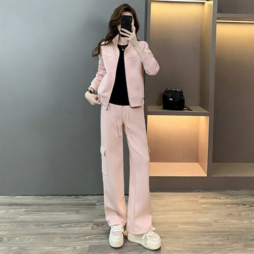 小个子穿搭套装女春季欧货高端纯色短款外套休闲运动长裤三件套潮,女装套装/套裙,江南